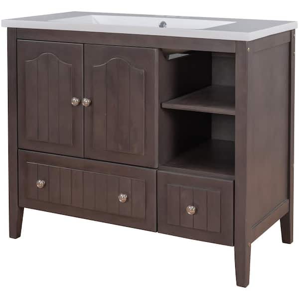 WELLFOR 36 in. W x 18 in. D x 32 in. H Wood Bath Vanity in Brown with White Ceramic Top