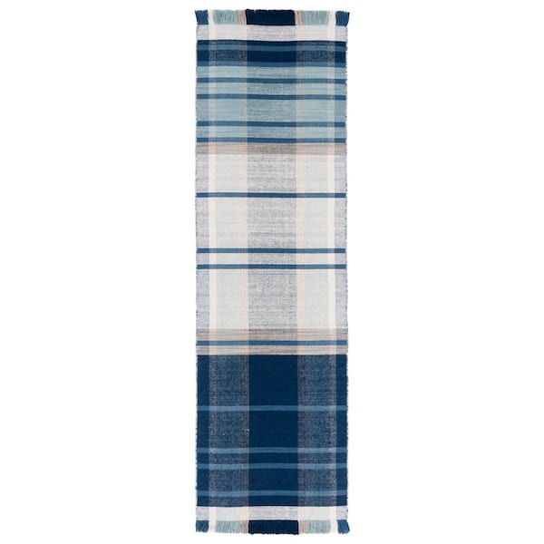 Striped Kilim 2 ft. x 8 ft. Blue/Beige Plaid Runner Rug