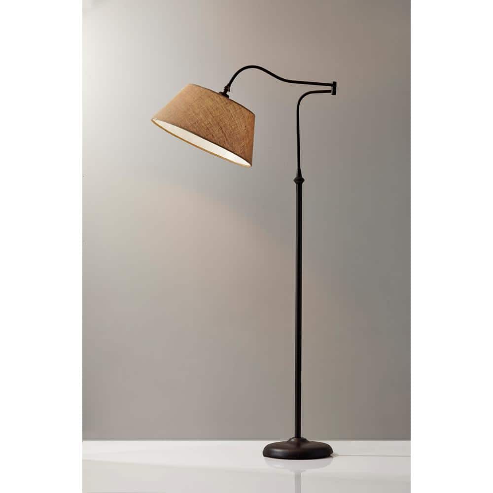 Antique Bronze Adjustable Swing Arm Floor Lamp with Burlap Shade