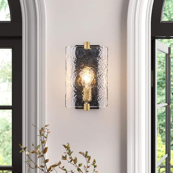 7.87 in. 1-Light Industrial Matte Black Wall Sconce with Clear Textured Glass Shade