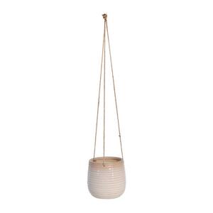 7 in. x 6.5 in. Beige Hanging Planter with Ceramic Body and Textured Details