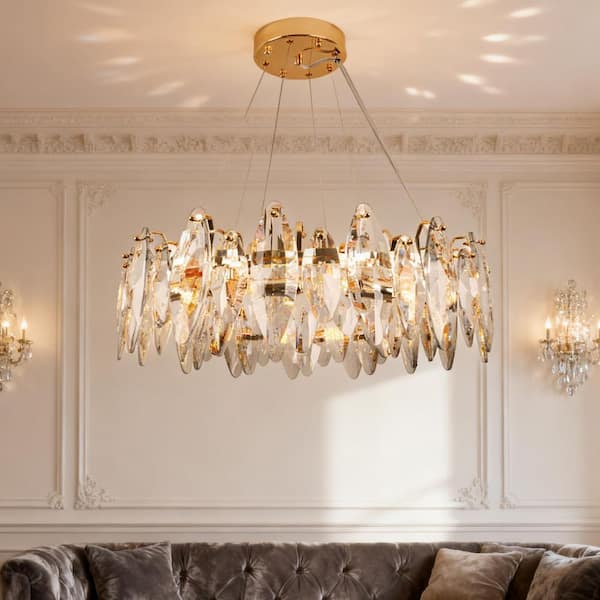 Modern 23.6 in. 12-Light Transparent Crystal Chandelier, Luxury Crystal Chandelier for Dining Room Living Room