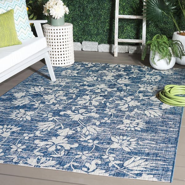 Courtyard Navy/Gray 8 ft. x 10 ft. Antique Floral Indoor/Outdoor Area Rug