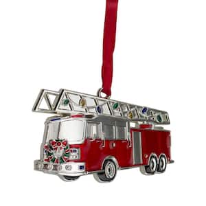 3.5 in. Silver Plated Fire Truck with European Crystals Christmas Ornament