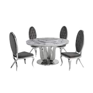Gina 6-Piece Marble Top With Lazy Susan Stainless Steel Base Table Set, 4 Dark Grey Velvet Chairs With Crystals