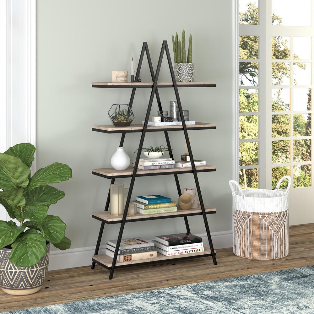 Conry 68'' Tall A-Frame Ladder Bookcase in Blackened Bronze/Antiqued Gray Oak