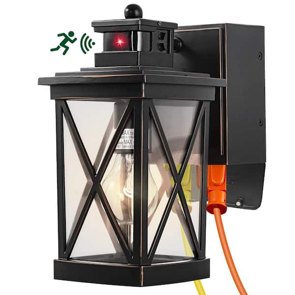Meluaim Black 1-Light w/GFCI Outlet PIR Motion Sensing Dusk to Dawn Outdoor Hardwired Exterior Wall Light Lantern Sconce