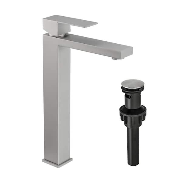 Single Handle Vessel Sink Faucet with Pop Up Drain, Single Hole Tall Bathroom Faucet in Brushed Nickel