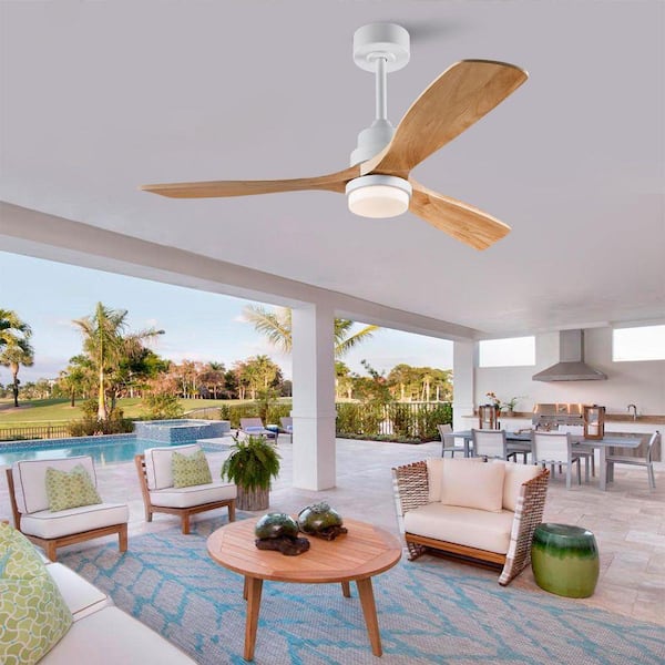 52 in. LED Light Oak 3-Blade Wood Propeller Ceiling Fan with Remote, Downrod Mount