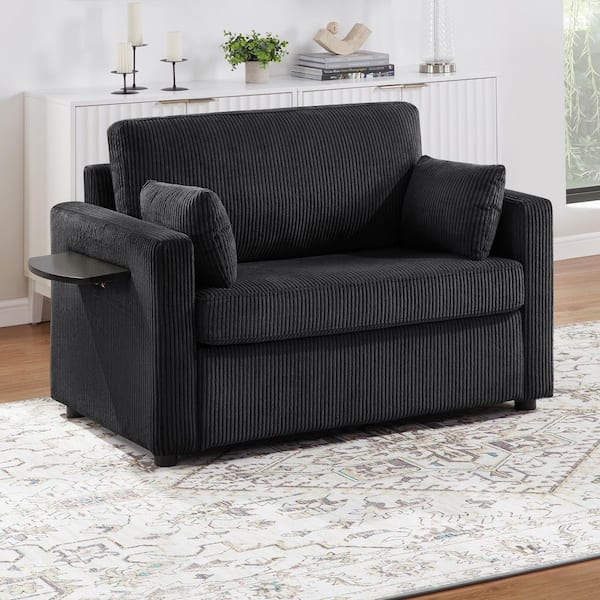 Gile 47.2 in. Black Corduroy Upholstery Twin Size Sofa Bed with Foldable Mattress, Side Table, Side Pocket, 2 USB Ports