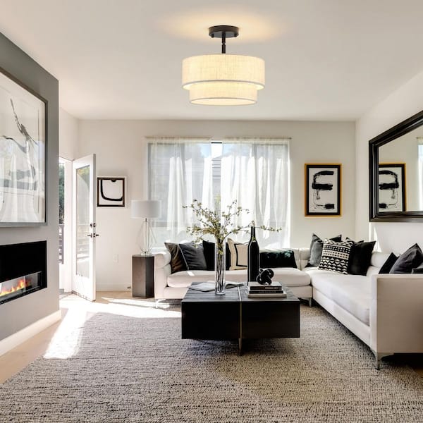 12.6 in. 3-Light Black Transitional Bedroom Ceiling Light Drum Semi-Flush Mount with Double Fabric Shade