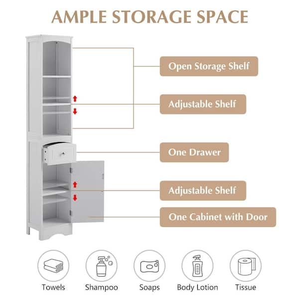 Lordear 13.4 in. W x 9.1 in. D x 66.9 in. H White Linen Cabinet Freestanding Tall Narrow Storage Cabinet with Adjustable Shelves