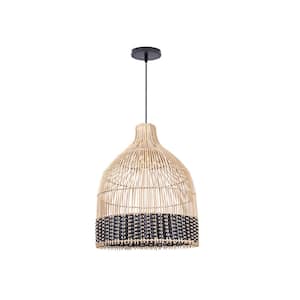 1-Light Natural and Black Rattan Pendant Light with Dome Shade