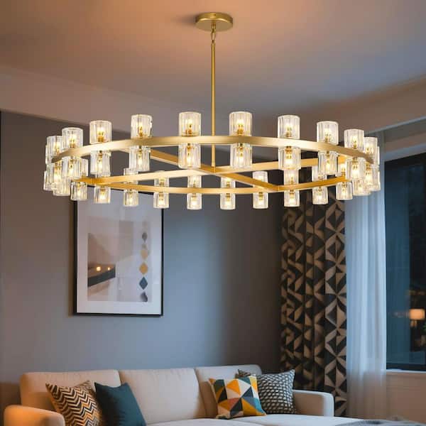 48 lights 48 in. Gold Wagon Wheel Chandelier, Crystal Round Chandelier for Dining Room, Living Room, Kitchen, Foyer