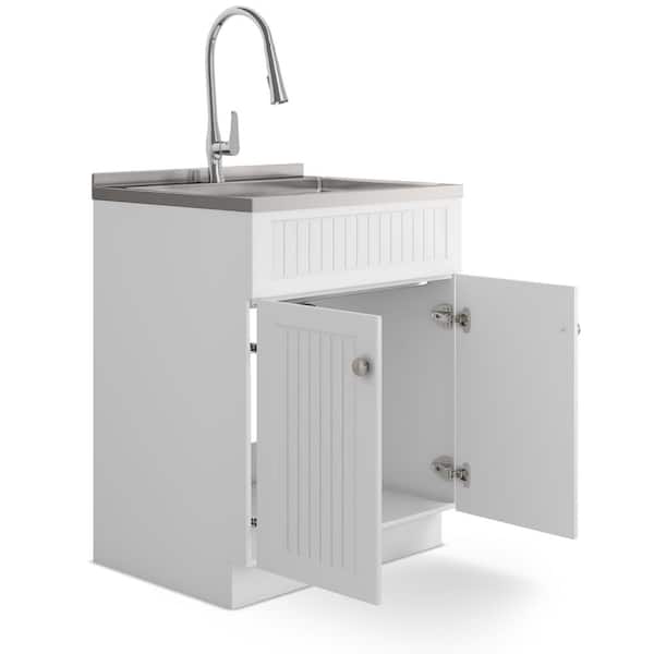 Simpli Home Beckham 28-Inch Utility Laundry Sink & Cabinet in Pure White