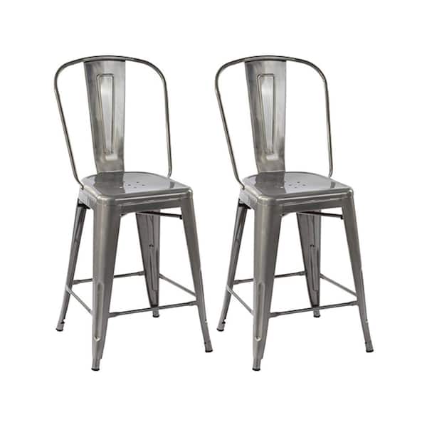 Homy Casa THOCAR 24 in. Kitchen Counter Height Silver Metal Bar Stools with Slat High Backrest, Indoor Outdoor Set of 2