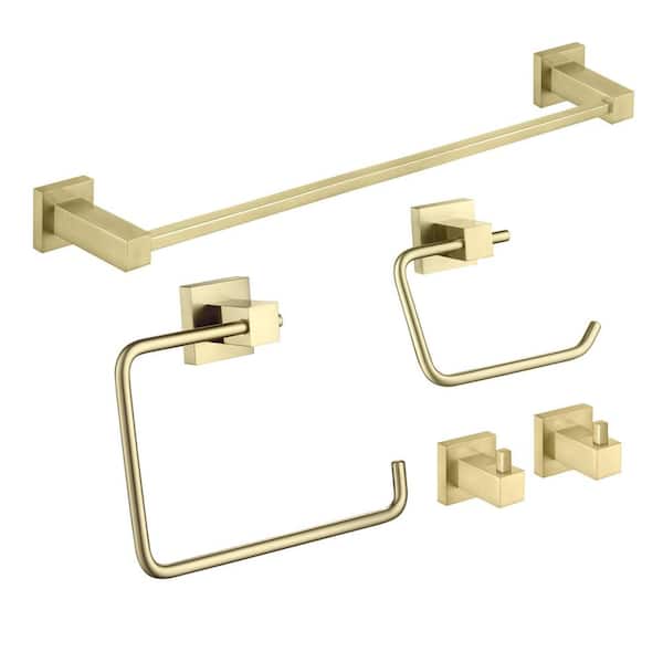 5-Piece Bathroom Hardware Set with Towel/Robe Hook Toilet Paper Holder Towel Ring Towel Bar/Rack in Brushed Gold