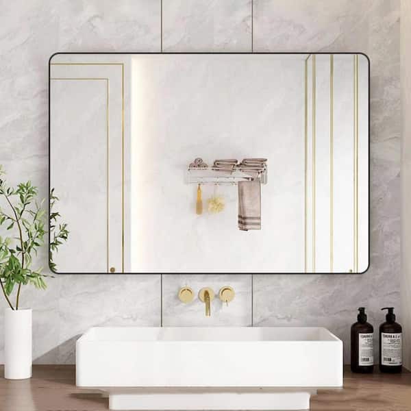 Unbranded 24 in. W x 32 in. H Rounded Corner Rectangular Metal Framed Wall Bathroom Vanity Mirror in Black