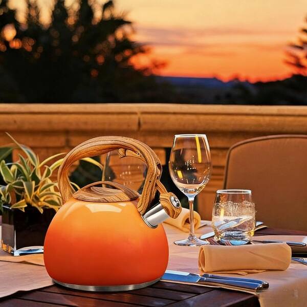 Numhew 3.1 qt. 12-Cup Stainless Steel Whistling Induction Stovetop Tea Kettle with Wood Pattern Handle in Orange
