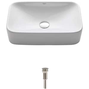 Soft Rectangular Ceramic Vessel Bathroom Sink in White with Pop Up Drain in Satin Nickel