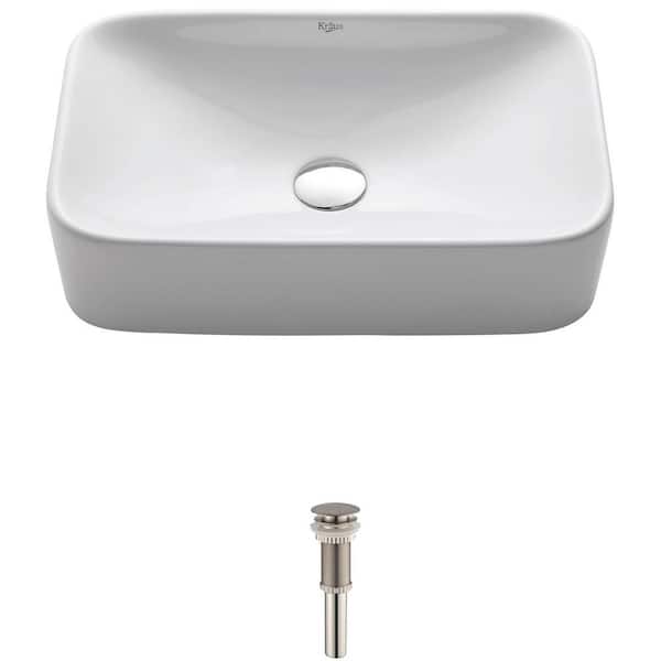 KRAUS Soft Rectangular Ceramic Vessel Bathroom Sink in White with Pop Up Drain in Satin Nickel