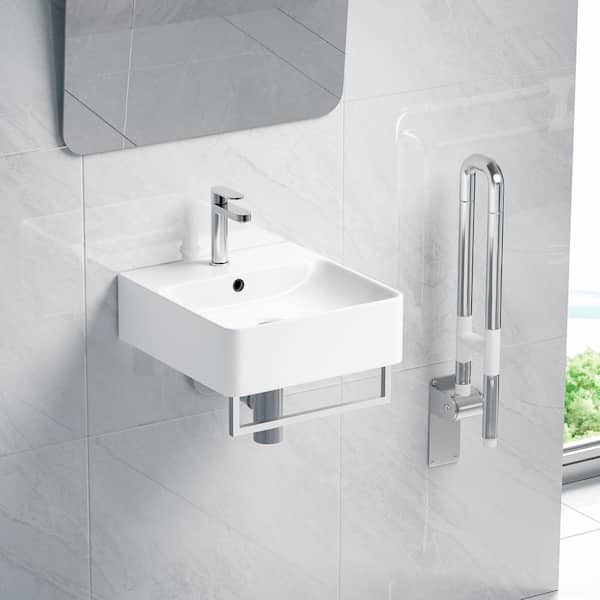 Turner Crisp White Vitreous China 16 in. Square Wall-Mount Vessel Sink with Faucet Hole and Overflow