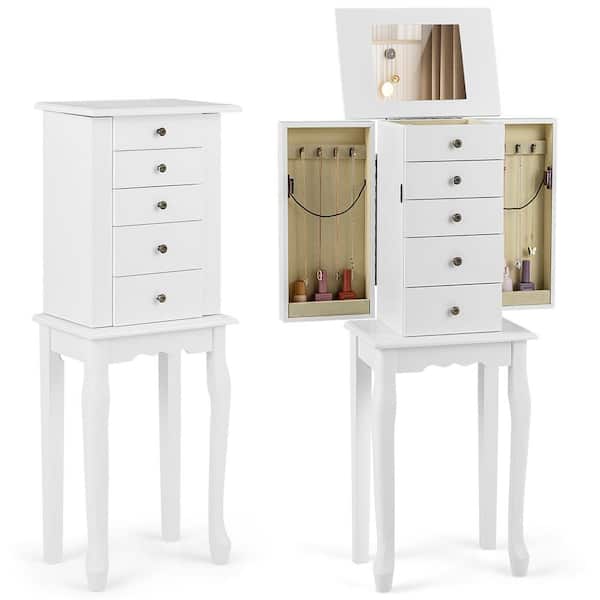 HONEY JOY White Jewelry Cabinet Armoire Storage Box Chest Standing Dressing Organizer Mirror 13 in. L x 9 in. W x 34 in. H