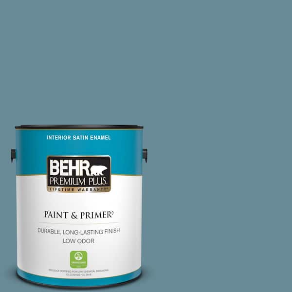 BEHR PREMIUM PLUS 1 gal. #BIC-22 Relaxed Blue Satin Enamel Low Odor Interior Paint & Primer