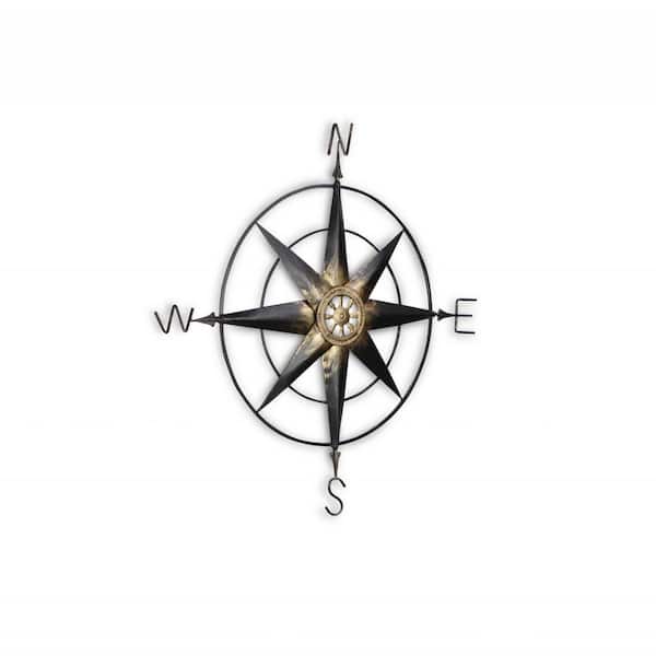 HomeRoots 39 in. Black/Gold Black Metal Wall Decor Compass with Gold