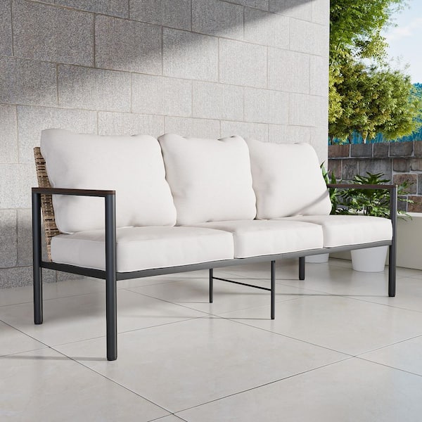 EAGLE PEAK Black Metal Frame Brown Rattan Wicker Outdoor Patio 3 Seat Sofa Couch with Beige Cushions