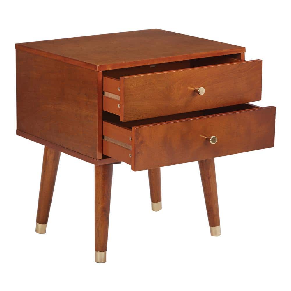 Cupertino Light Walnut Wood and Metal 2-Drawer Side Table
