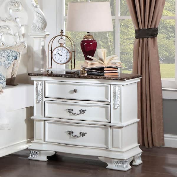 Furniture of America Florince Pearl White 3-Drawer Nightstand with Marble Top
