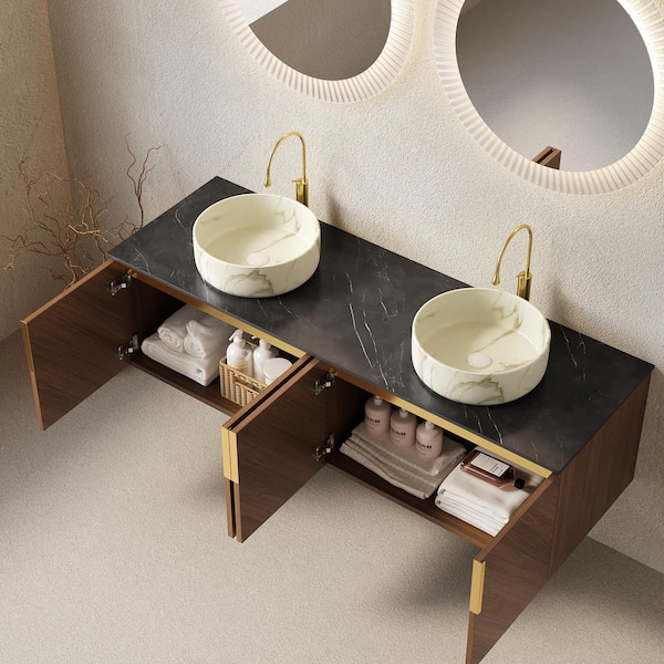 Yingze 60 in. Wall-Mounted Double Sink Brown Oak Bath Vanity with