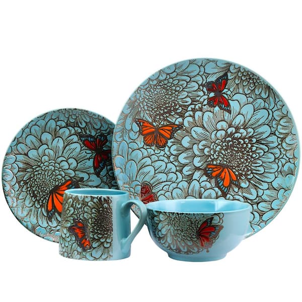 Butterfly Garden 16-Piece Contemporary Blue Stone Dinnerware Set (Service for 4)
