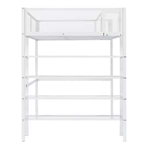 White Twin Size Metal Loft Bed with 4-Tier Shelves and Storage