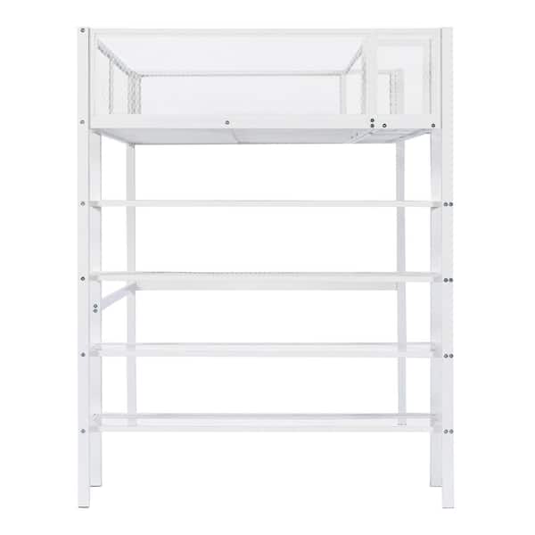 Polibi White Twin Size Metal Loft Bed with 4-Tier Shelves and Storage