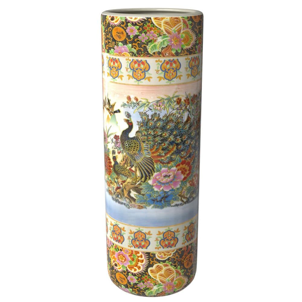 Oriental Furniture 24 in. Rose Medallion Satsuma Peacock Porcelain Umbrella