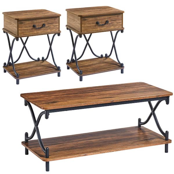 39 in. Industrial Coffee Table Set with 2 Nightstands, Rectangle X-Frame Metal and MDF Table with Storage Drawers Brown