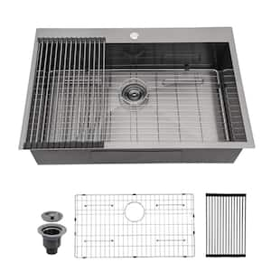 30 in. Drop-In/Topmount Single Bowl 18-Guage Gunmetal Black Stainless Steel Kitchen Sink with Bottom Grid