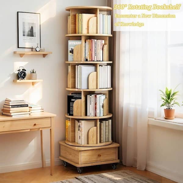 6-Tier 360° Rotating Bookshelf 68 in. Tall Nuture Original Wood Color MDF Shelf Bookcase with Drawer and Wheels