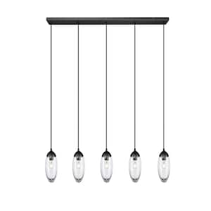 Arden 5-Light Matte Black Shaded Linear Chandelier with Clear Glass Shade with No Bulbs Included