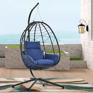 1 Person Black Steel Porch Egg Swing Chair with Navy Blue Cushion and Stand