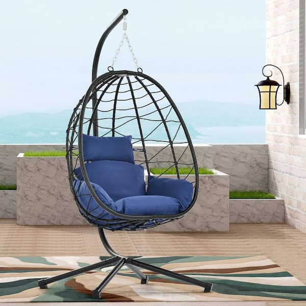 Cesicia 1 Person Black Steel Porch Egg Swing Chair with Navy Blue Cushion and Stand