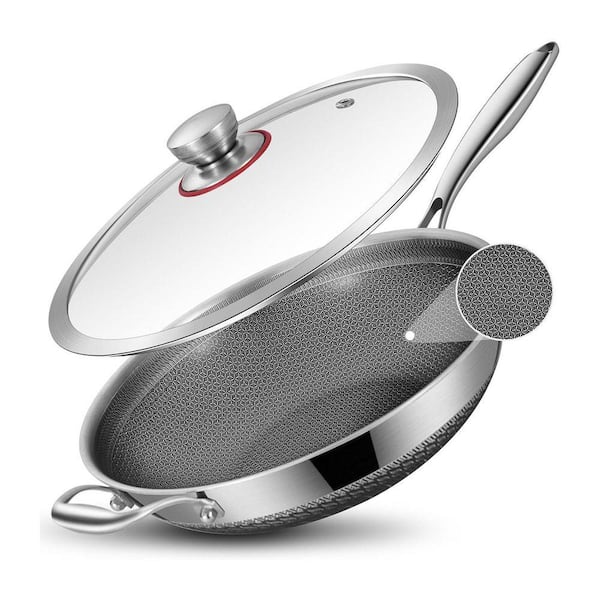 Hybrid Ceramic Non Stick Wok 13 in. Stainless Steel Tri Ply Deep Fry Pan Lid Induction Oven Dishwasher Safe