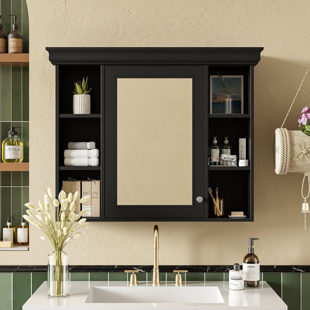 35.5 in. W x 28.74 in. H Rectangular MDF Medicine Cabinet in Black with Mirror and 6-Open Shelves price history on PriceWatchPro