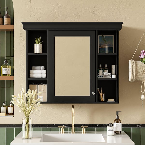 35.5 in. W x 28.74 in. H Rectangular MDF Medicine Cabinet in Black with Mirror and 6-Open Shelves