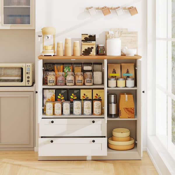 White Wood Sideboard Buffet Cabinet Kitchen Pantry Hutch Storage Cabinet Farmhouse Credenza