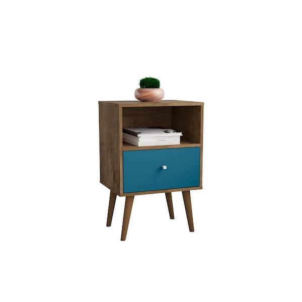 Manhattan Comfort Liberty Mid-Century Modern Rustic Brown and Aqua Blue 1-Drawer 17.72 in. W Nightstand
