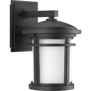 Wish Collection 1-Light Textured Black Etched White Linen Glass Craftsman Outdoor Small Wall Lantern Light