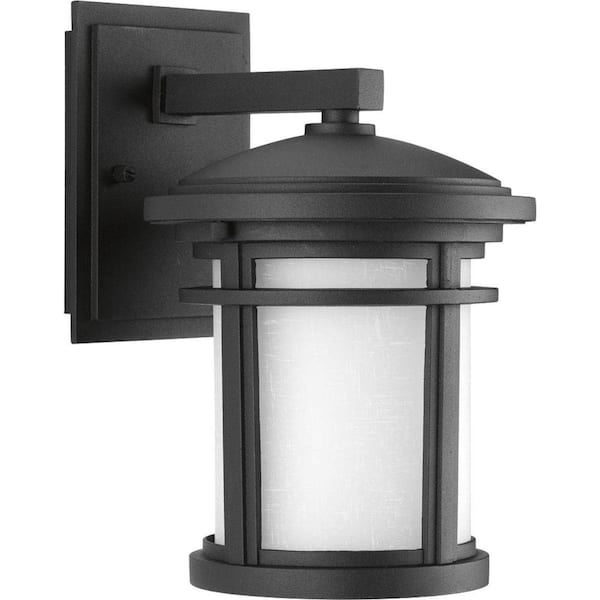 Progress Lighting Wish Collection 1-Light Textured Black Etched White Linen Glass Craftsman Outdoor Small Wall Lantern Light